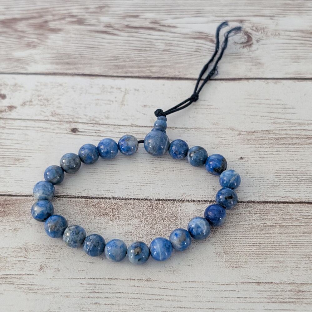 Blue Beads Stretch Bracelet with Visible Cord Tie Off